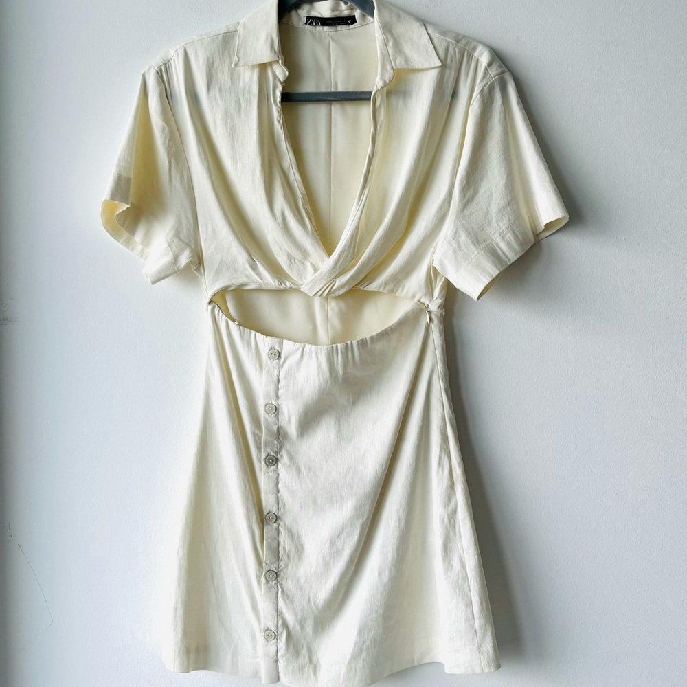Zara Cut Out Linen Blend Dress Short Sleeve Size Small
